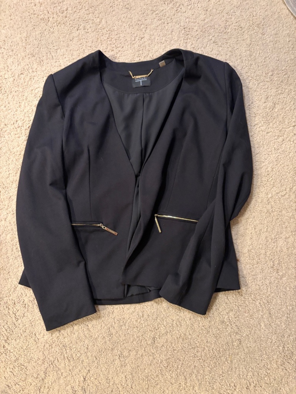 Tahari Black Open-Front Blazer with Gold Zipper Accents